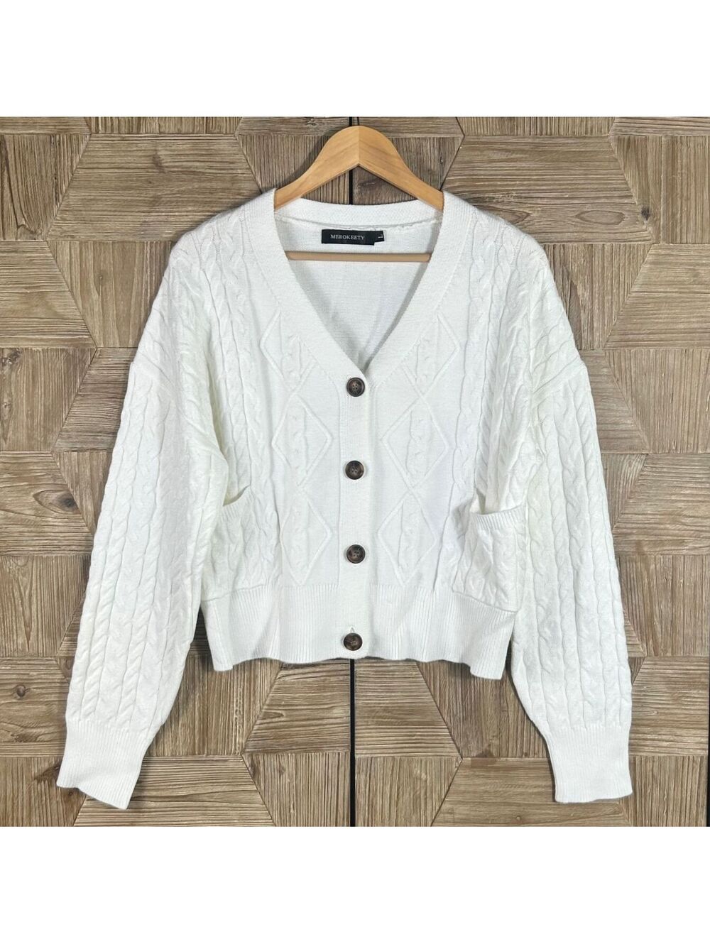 MEROKEETY White Knit Crop Cardigan Sweater Large V-Neck Button Front Minimalism